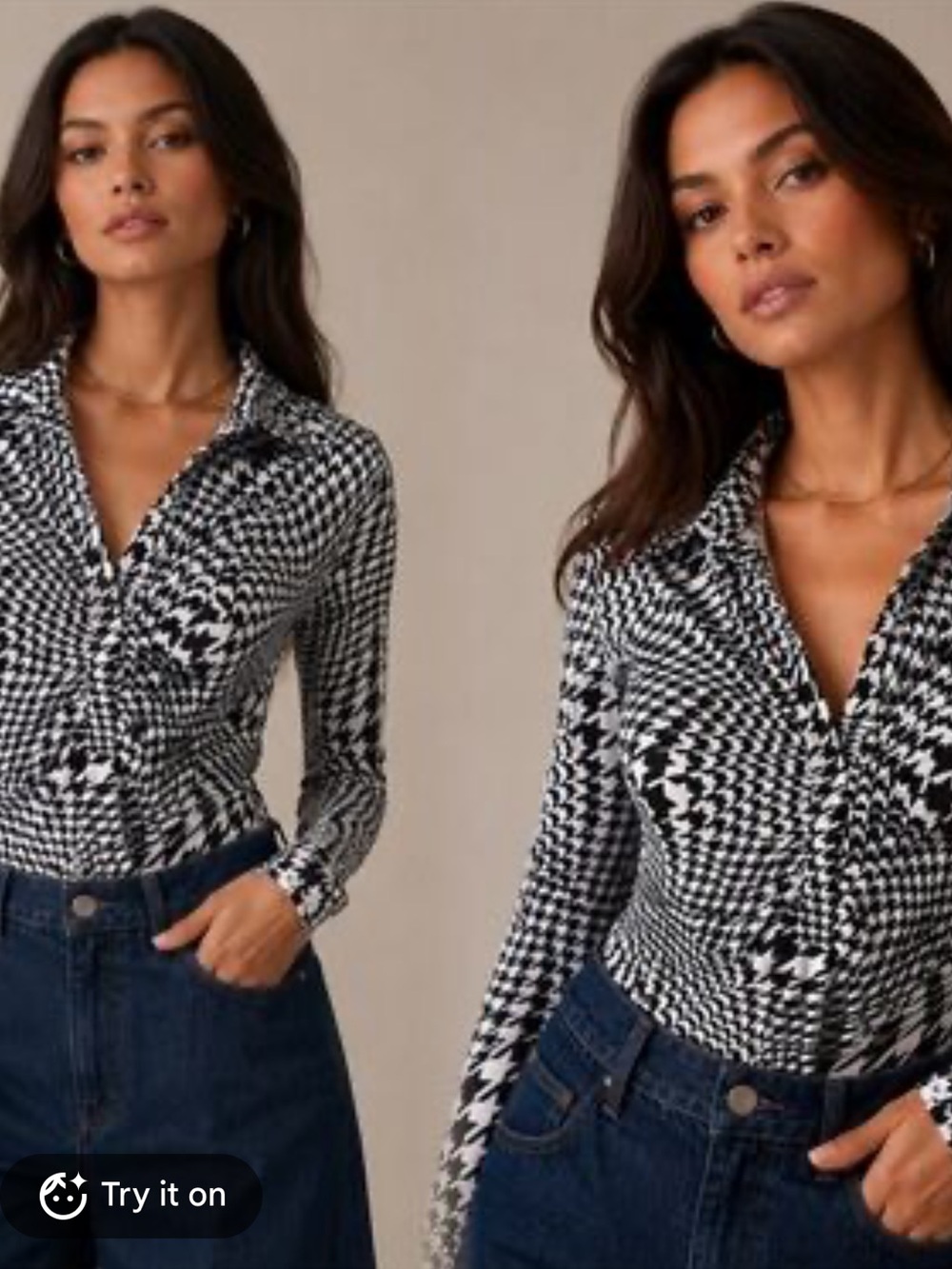 SO Black & White Geometric Long-Sleeve Button-Front Ruched Stretch Bodysuit M